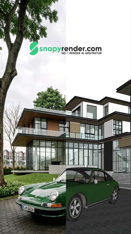 Sample before/after video made by PostingAja: architectural render of a 3-storey house